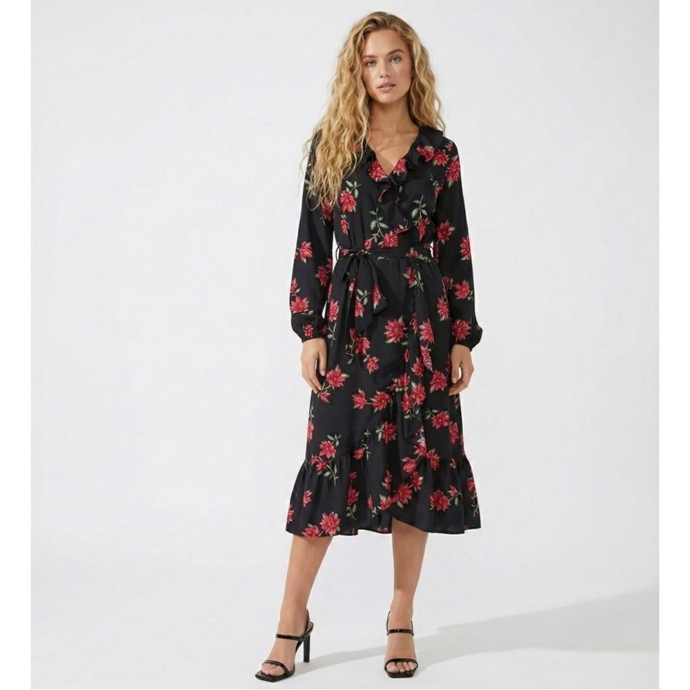 SOLD James Floral Ruffle Wrap Dress XS NWT Black Pink Midi Cocktail Party RSVP